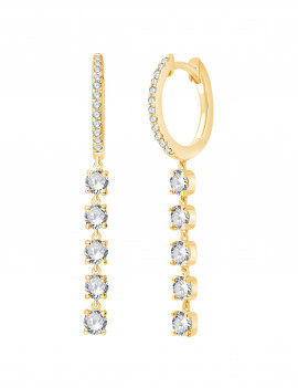 Par de aros de oro amarillo con pavé de diamantes y un colgante de cuatro diamantes en línea.