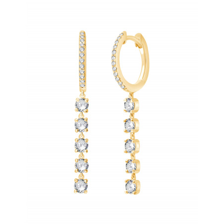 Par de aros de oro amarillo con pavé de diamantes y un colgante de cuatro diamantes en línea.