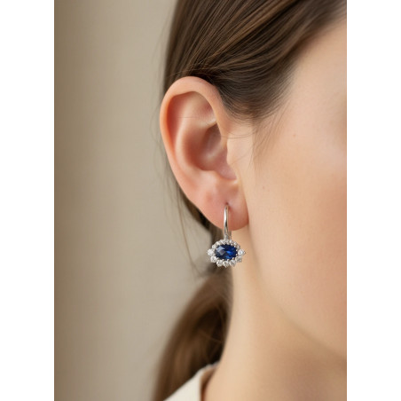 Alma: Pendientes Colgantes Zafiros Ovalados 6x4cm y Diamantes Halo