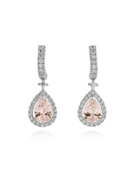 Pendientes de novia colgantes en plata rodinada con piedra central talla gota color Tea y halo de circonitas blancas.