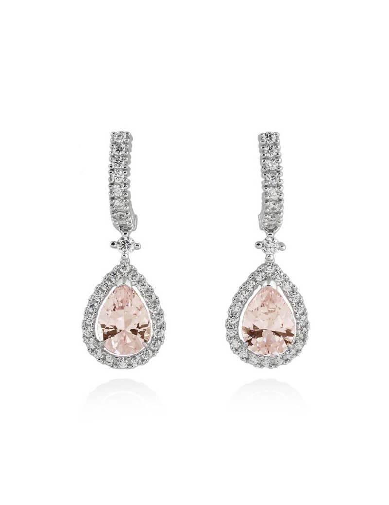 Pendientes de novia colgantes en plata rodinada con piedra central talla gota color Tea y halo de circonitas blancas.