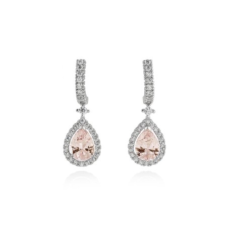 Pendientes de novia colgantes en plata rodinada con piedra central talla gota color Tea y halo de circonitas blancas.
