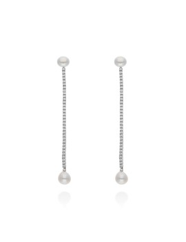 Pendientes de novia de 9 cm realizados en plata con hilera de circonitas y perla cultivada colgante.