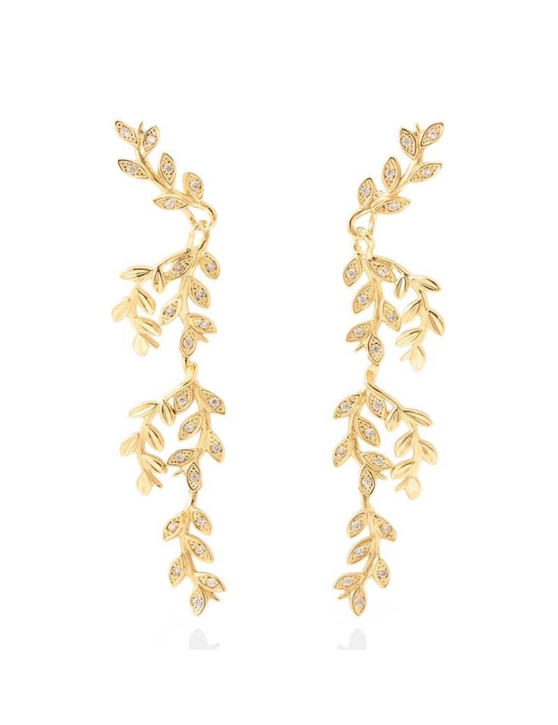 Pendientes de novia modelo Hiedra en plata con baño de oro amarillo de 18k y circonitas.