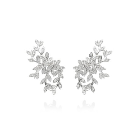 Pendientes de novia tipo trepador modelo Hiedra Maxi en plata con baño de rodio y pavé de circonitas blancas.