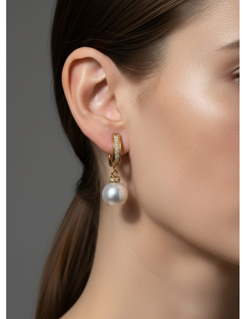 Nicole: Pendientes Aro Diamantes y Perlas Redondas en Oro 18 Kilates