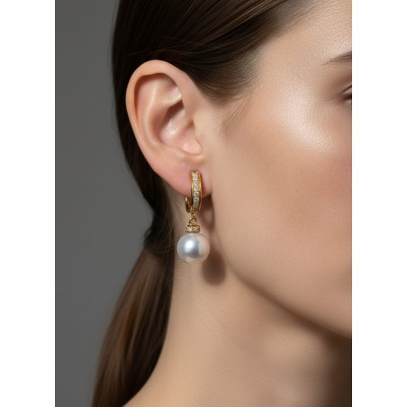 Nicole: Pendientes Aro Diamantes y Perlas Redondas en Oro 18 Kilates