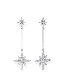 Pendientes de novia modelo Stella con diseño de estrellas largos de 5.2cm en plata con circonitas blancas.