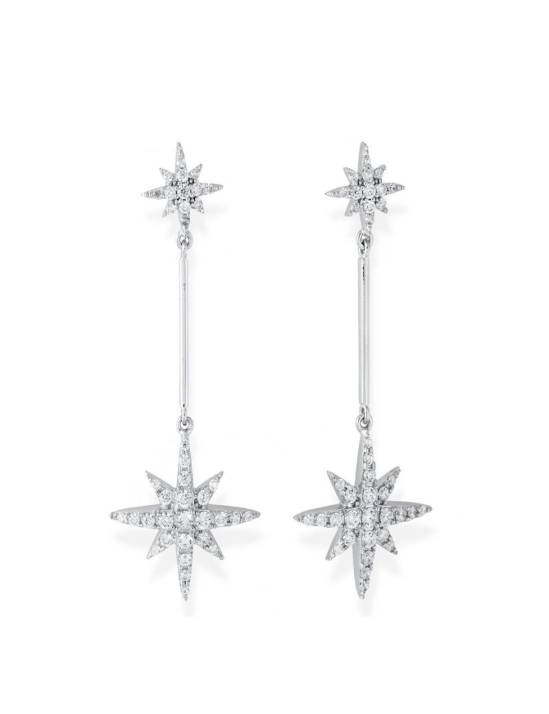 Pendientes de novia modelo Stella con diseño de estrellas largos de 5.2cm en plata con circonitas blancas.