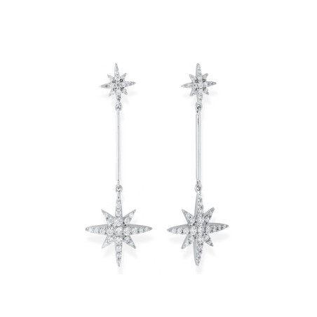 Pendientes de novia modelo Stella con diseño de estrellas largos de 5.2cm en plata con circonitas blancas.