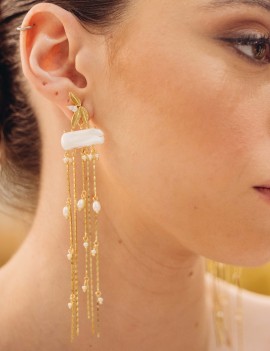 Pendientes largos 12 cm en cascada con perlas cultivadas. Baño oro 18k