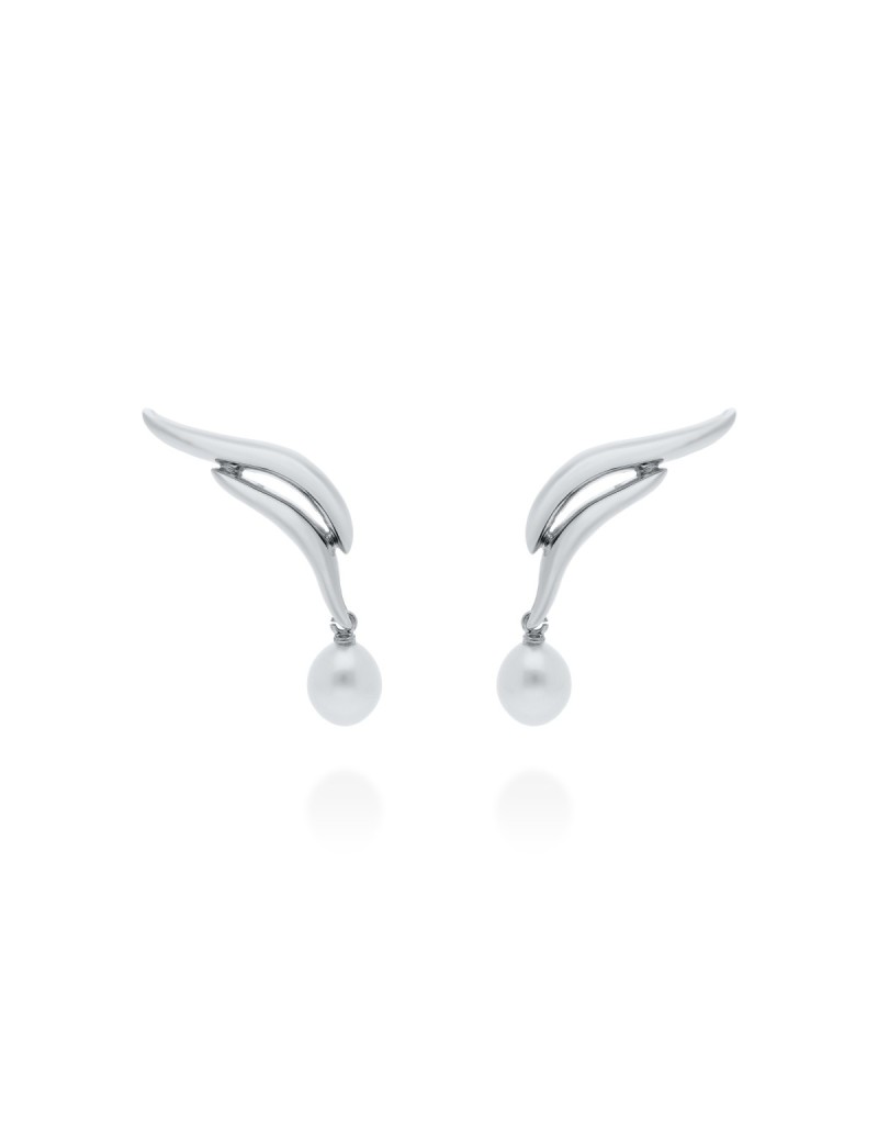 Pendientes de novia tipo trepador modelo TSURU en plata con diseño fluido de 3.5cm y perla cultivada colgante.