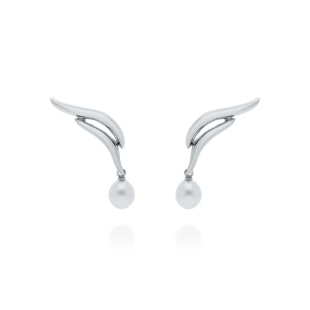 Pendientes de novia tipo trepador modelo TSURU en plata con diseño fluido de 3.5cm y perla cultivada colgante.
