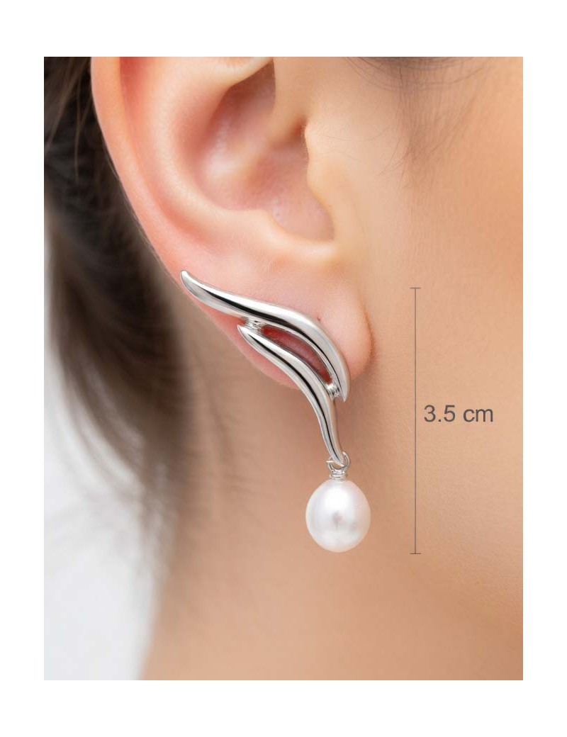 Tsuru Pendientes Trepadores Perlas 3.5cm | Plata y Baño de Oro 18k