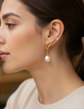 Tsuru Pendientes Trepadores Perlas 3.5cm | Plata y Baño de Oro 18k