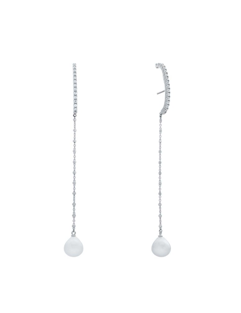 Pendientes de novia extralargos de 10 cm con diseño trepador de circonitas y perla cultivada en plata rodiada.