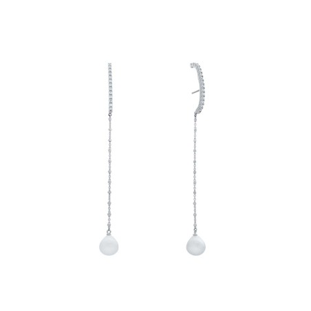Pendientes de novia extralargos de 10 cm con diseño trepador de circonitas y perla cultivada en plata rodiada.