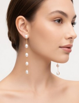 Pendientes Largos Perlas 11cm. Bañado en Oro 18k · Joyería Marga Mira