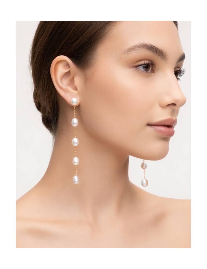 Pendientes Largos Perlas 11cm. Bañado en Oro 18k · Joyería Marga Mira