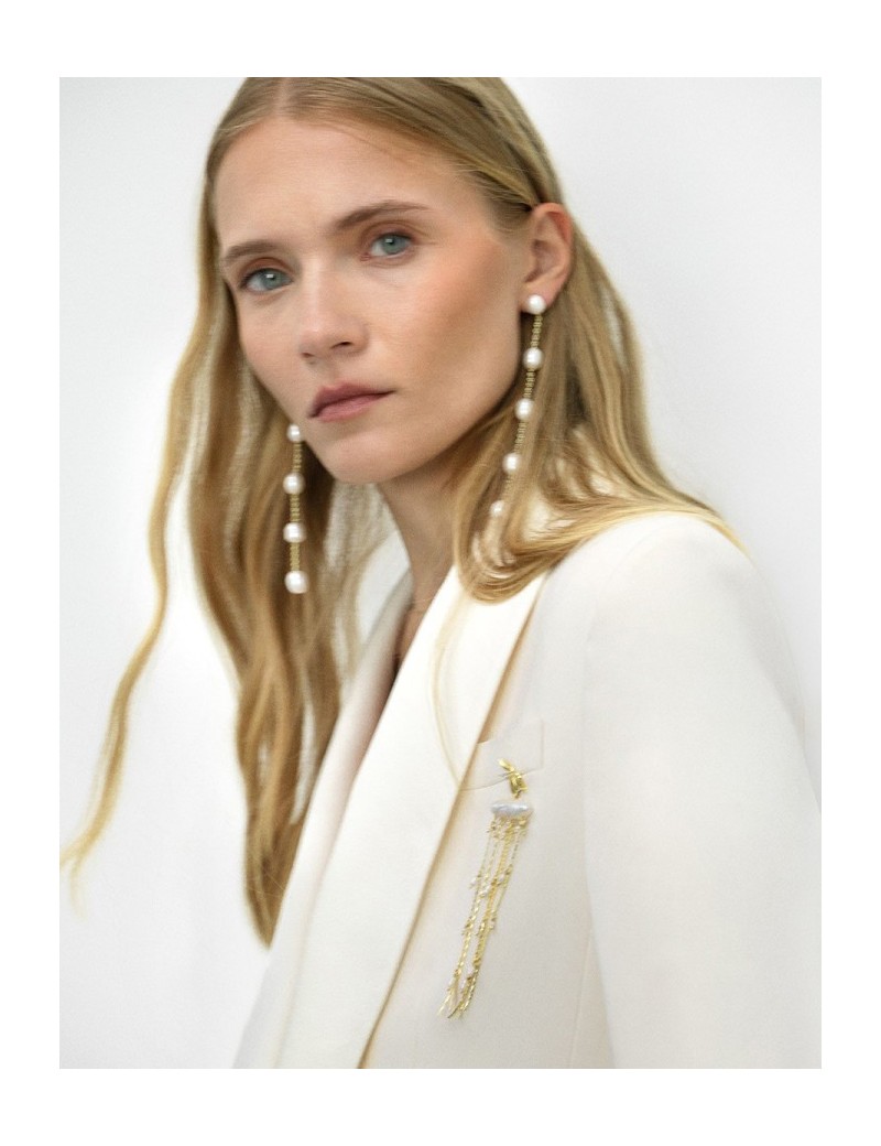 Pendientes Largos Perlas 11cm. Bañado en Oro 18k · Joyería Marga Mira