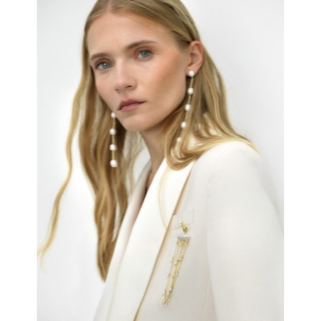 Pendientes Largos Perlas 11cm. Bañado en Oro 18k · Joyería Marga Mira