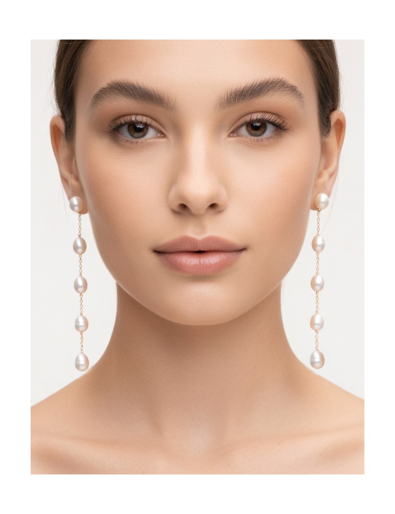 Pendientes Largos Perlas 11cm. Bañado en Oro 18k · Joyería Marga Mira