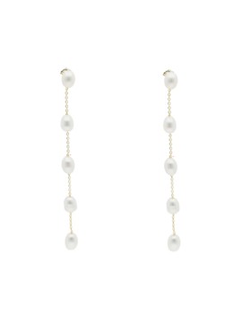 Pendientes de novia largos de 11 cm modelo Lluvia con perlas cultivadas y cadena bañada en oro de 18 quilates.