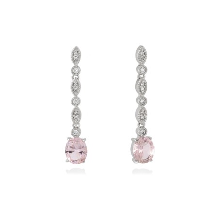 Pendientes de novia largos modelo Leonor con piedra central de morganita cultivada rosa y circonitas blancas en plata rodinada.
