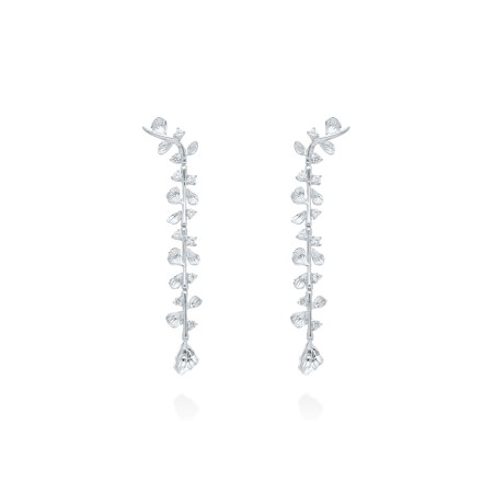Pendientes de novia largos modelo Guipur XL de 8 cm con diseño botánico en plata con baño de oro y circonitas blancas.