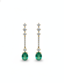 Pendientes de oro amarillo 18k modelo Gala con esmeraldas ovales centrales y una hilera de diamantes de talla brillante.