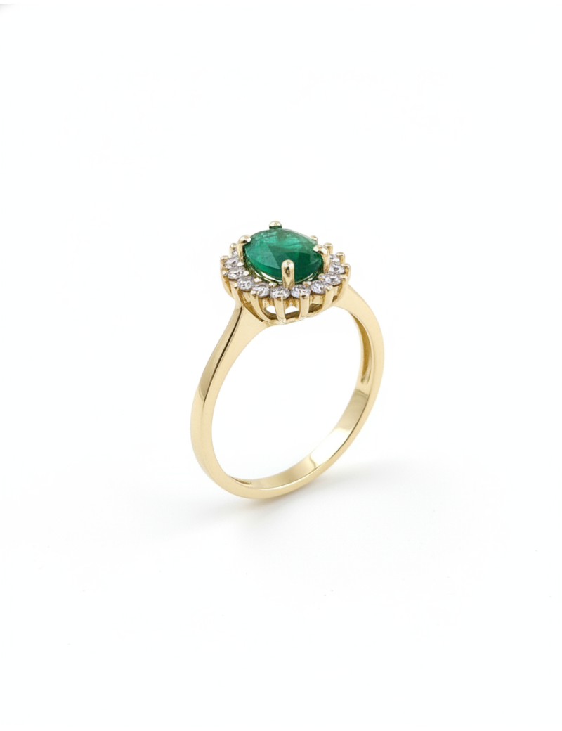 Victoria: Anillo Oro 18k con Esmeralda 0,74 cts y orla de Diamantes