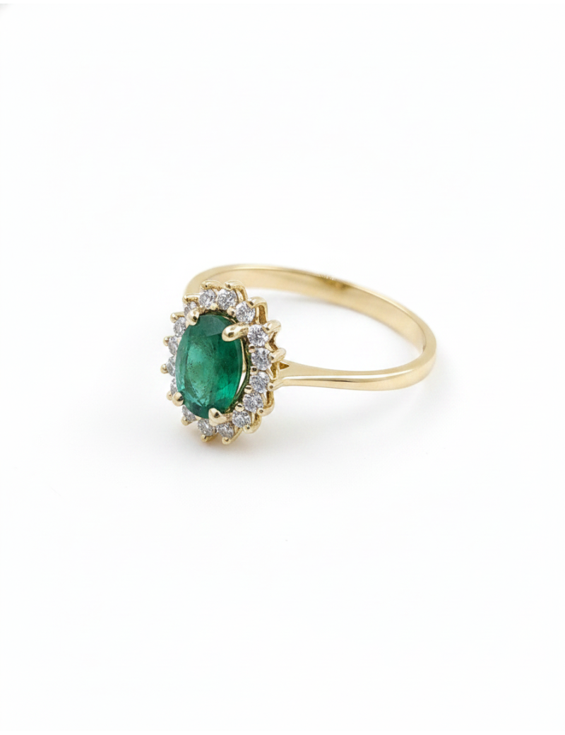 Victoria: Anillo Oro 18k con Esmeralda 0,74 cts y orla de Diamantes