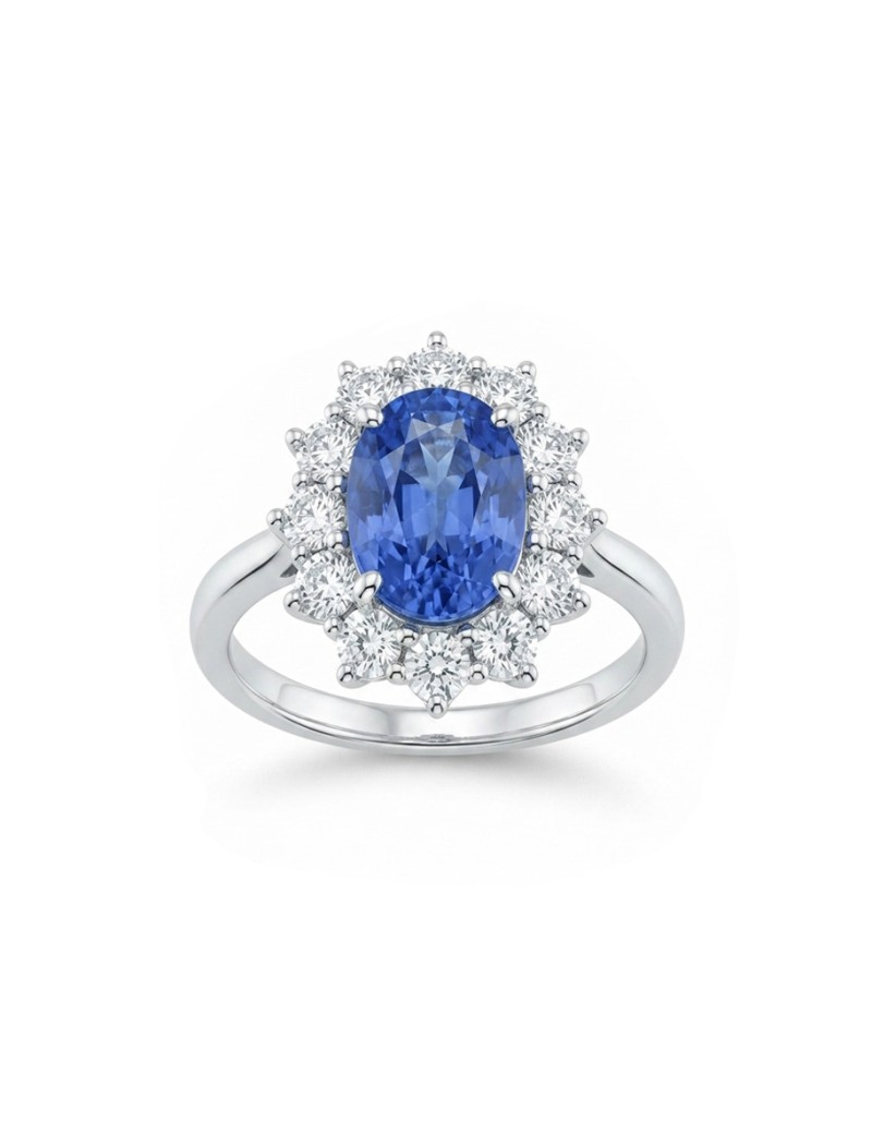Victoria: Anillo de Zafiro 6x8 mm y Diamantes · Oro Blanco 18k