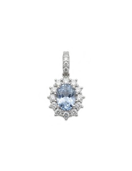 Colgante Victoria de oro blanco 18k con aguamarina ovalada de 0.76ct y halo de diamantes de talla brillante.