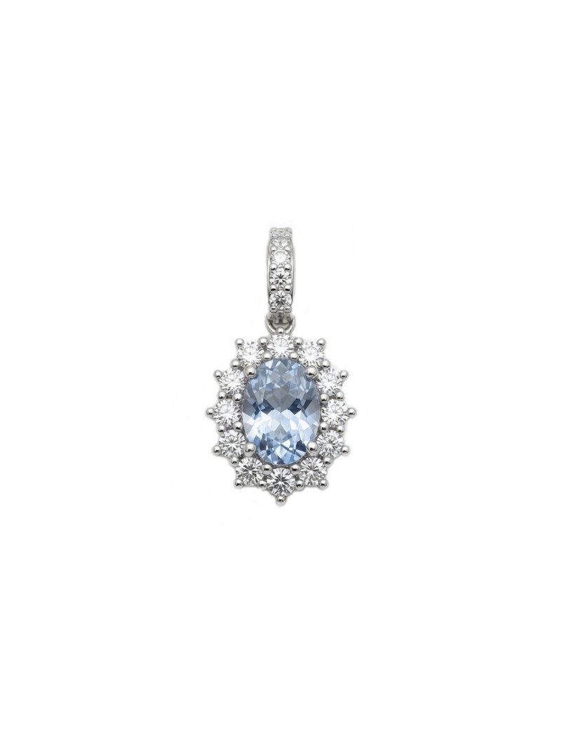 Colgante Victoria de oro blanco 18k con aguamarina ovalada de 0.76ct y halo de diamantes de talla brillante.