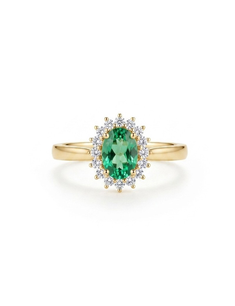 Anillo Victoria de oro amarillo 18k con esmeralda ovalada de 0.33ct y halo de 12 diamantes brillantes.