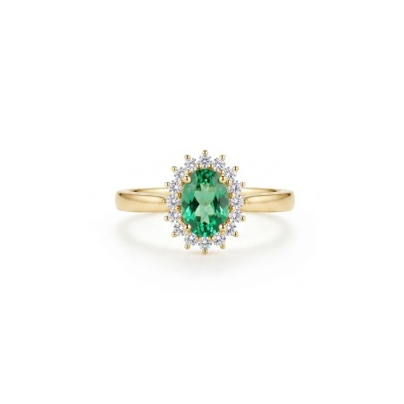Anillo Victoria de oro amarillo 18k con esmeralda ovalada de 0.33ct y halo de 12 diamantes brillantes.