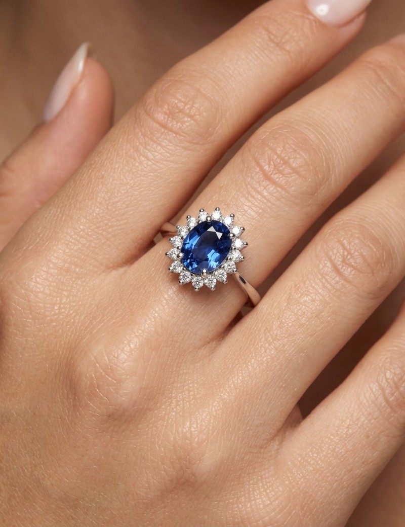 Victoria: Anillo de Zafiro Oval y Diamantes Oro Blanco · Marga Mira
