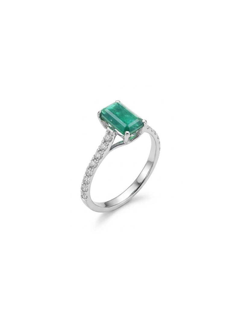 Erika: Anillo de Esmeralda 0.82ct y 16 Diamantes | Oro Blanco 18k
