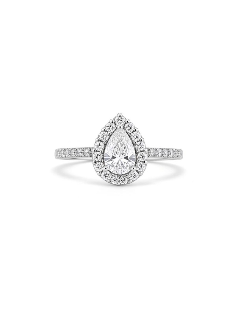 Anillo Rania en oro blanco de 18 quilates con diamante central talla pera certificado por GIA y hombros con diamantes.