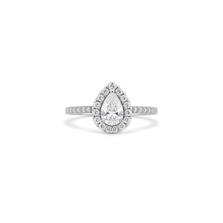 Anillo Rania en oro blanco de 18 quilates con diamante central talla pera certificado por GIA y hombros con diamantes.