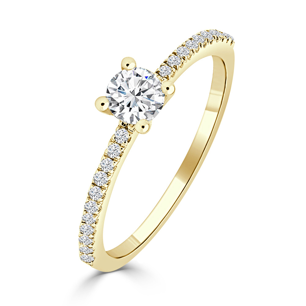 anillo de diamante solitario con diamantes en laterales, oro amarillo 18 kilates