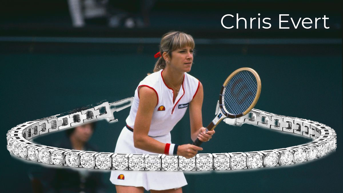 tenista chris evert que dio origen al nombre pulsera tenis diamantes, sobre fondo oscuro con pulsera riviere de oro blanco que le rodea