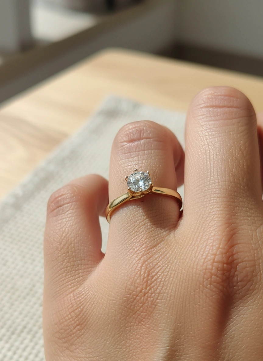 elegante mano de mujer con anillo solitario de diamante de seis garras